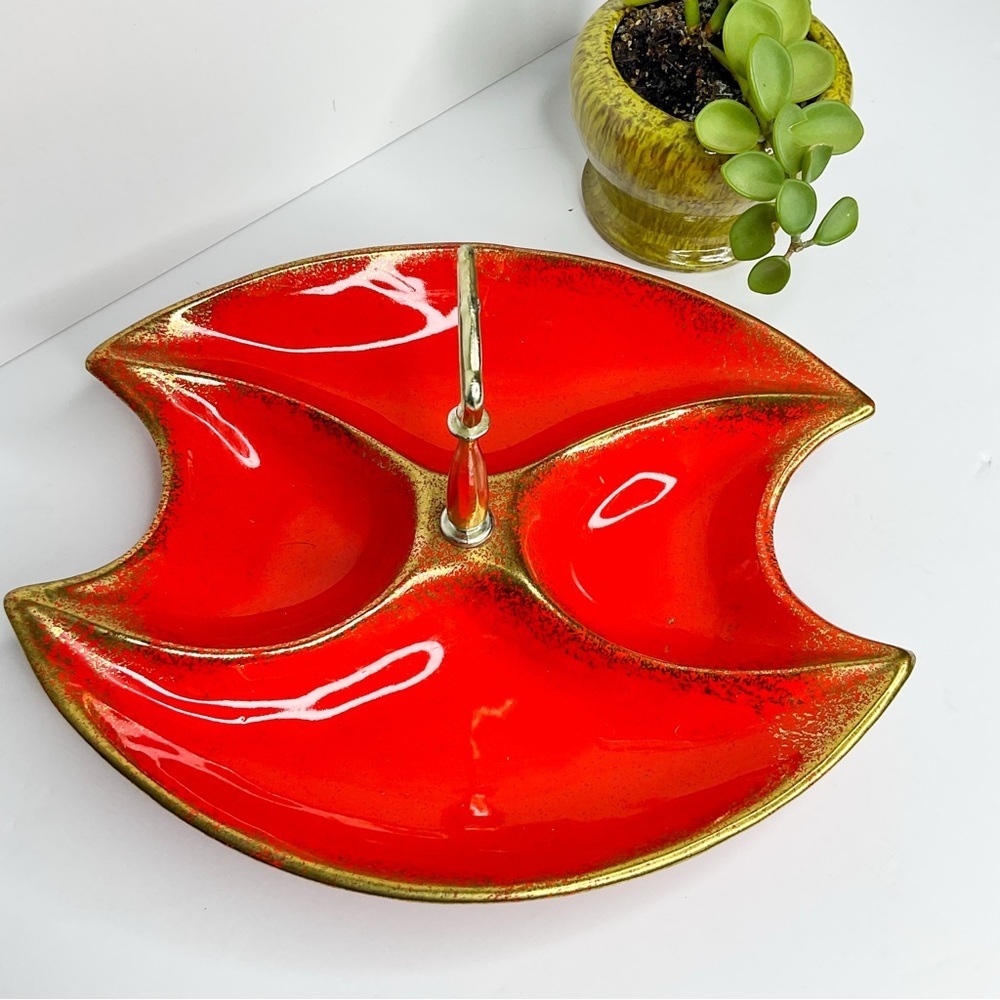 VINTAGE Mid-Century Modern Orange Ceramic Tray Gold Trim USA 1960s 70s Retro